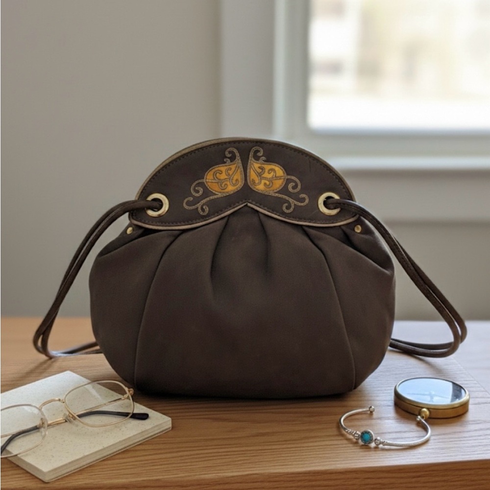 Vintage Tre Zeta Italy Brown Suede Embroidered Drawstring Bucket Bag